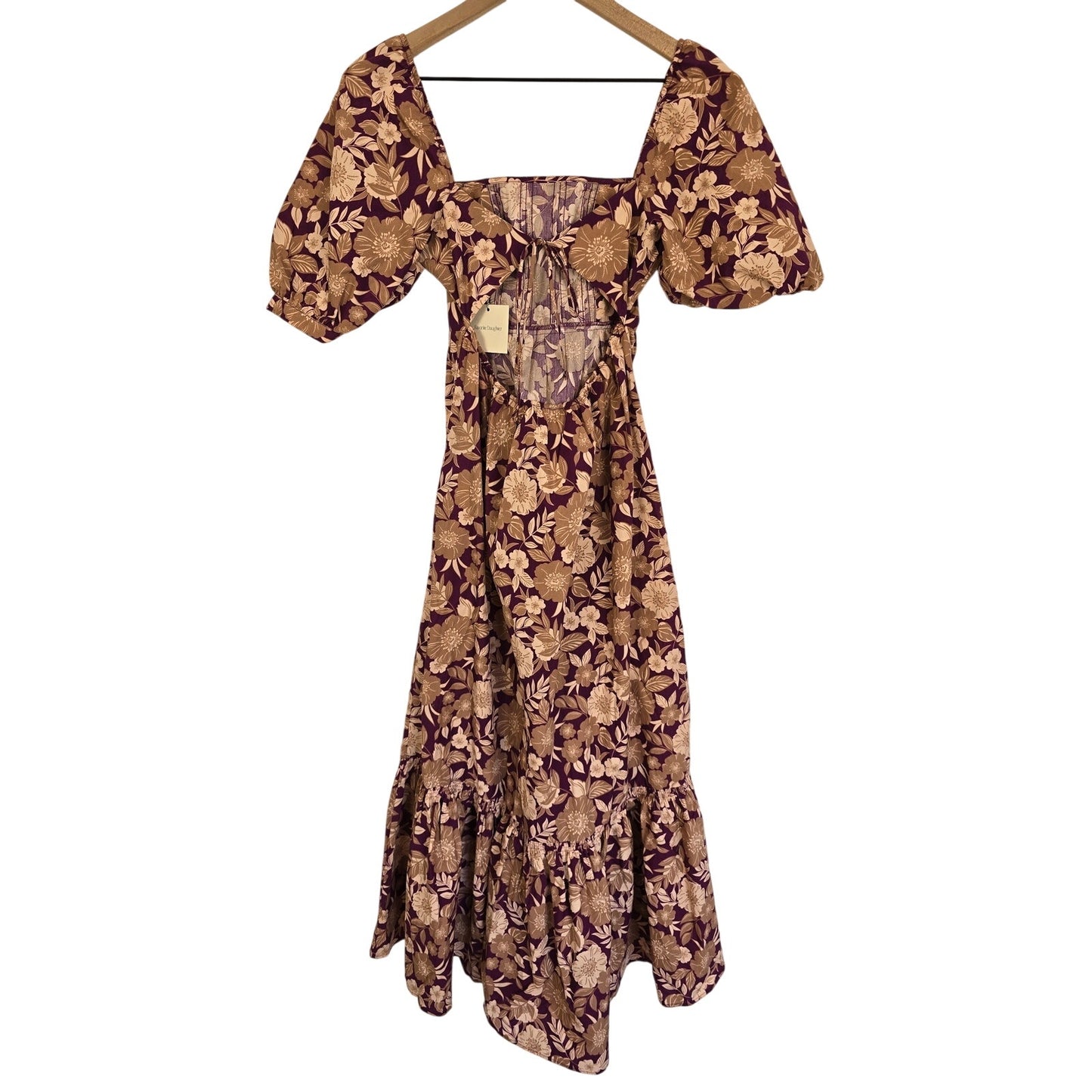 Purple Floral Puff Sleeve Midi Dress Size 2