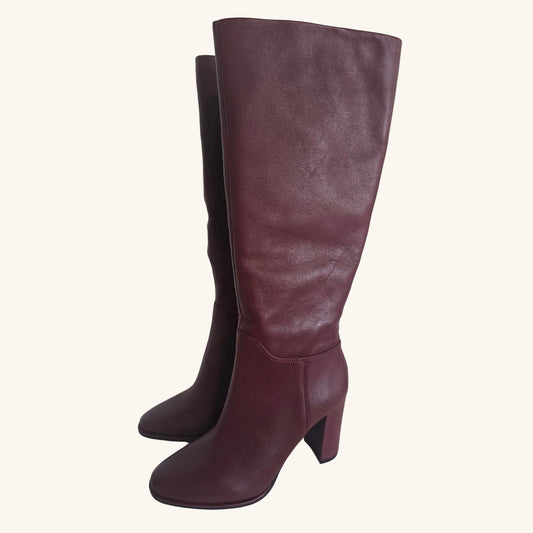 Red Leather Knee High Boots Block Heel Size 7