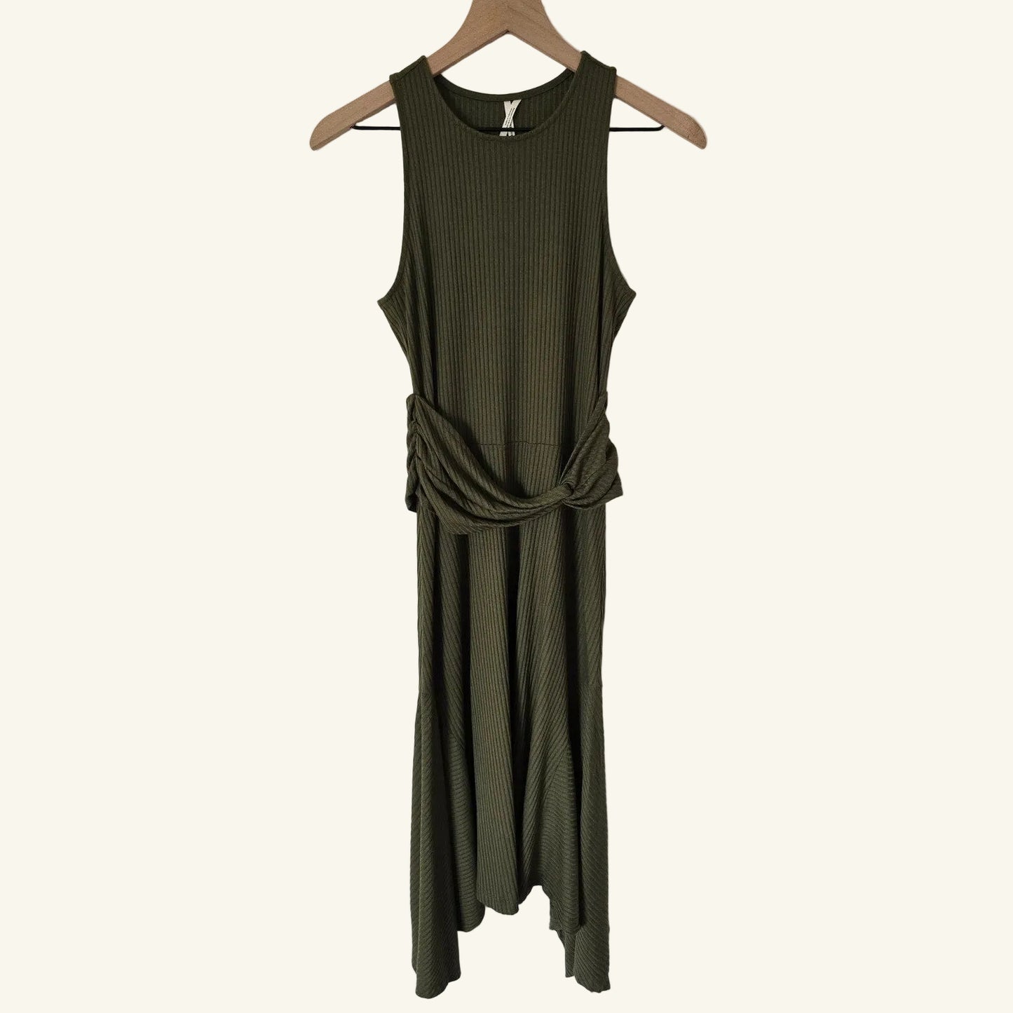 Olive Green Ribbed Knit Midi Dress Size S