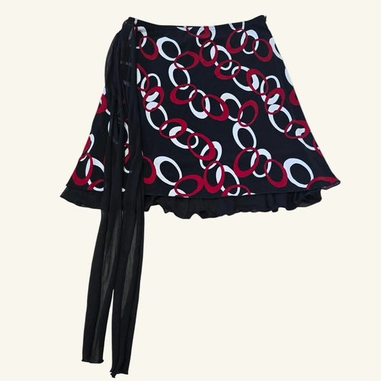 Vintage Wrap Midi Skirt Chain Print Ruffle Hem Tie Waist Size M