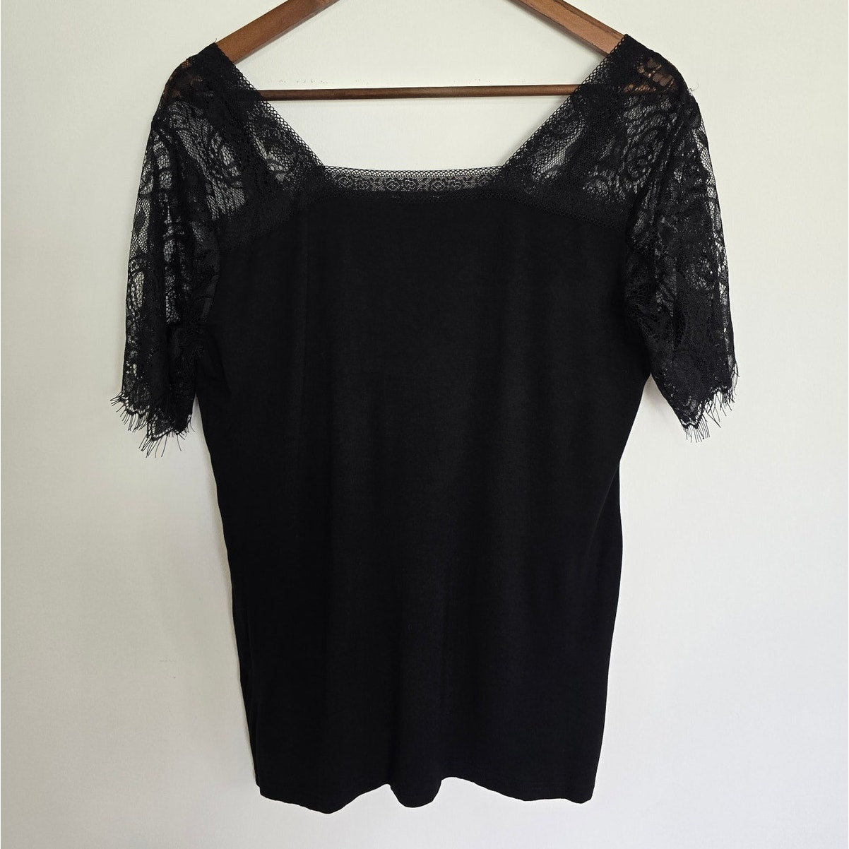 Black Lace Sleeve Deep V Neck Top Short Sleeve Size M