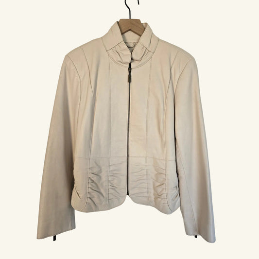 Cream Genuine Leather Zip Jacket Size L