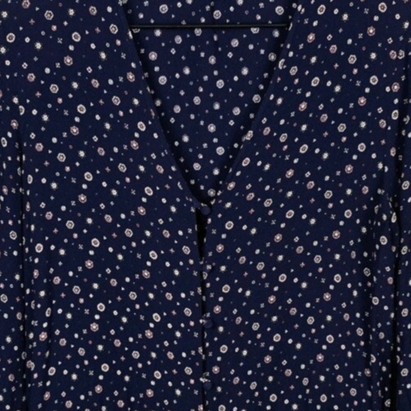 Navy Blue Floral Button Down Blouse Drawstring Waist Size S