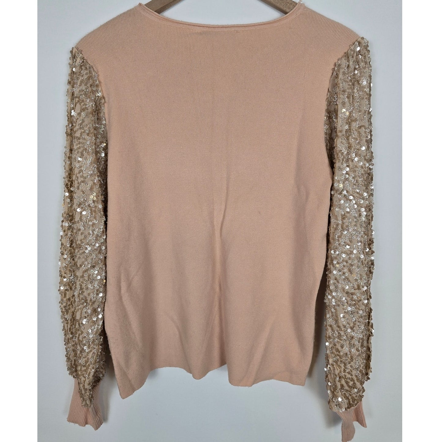 Blush Pink Gold Sequin Sweater Statement Sleeves Size Large