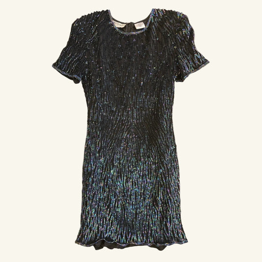 Vintage Black Iridescent Beaded 100% Silk Sequin Mini Dress Size M
