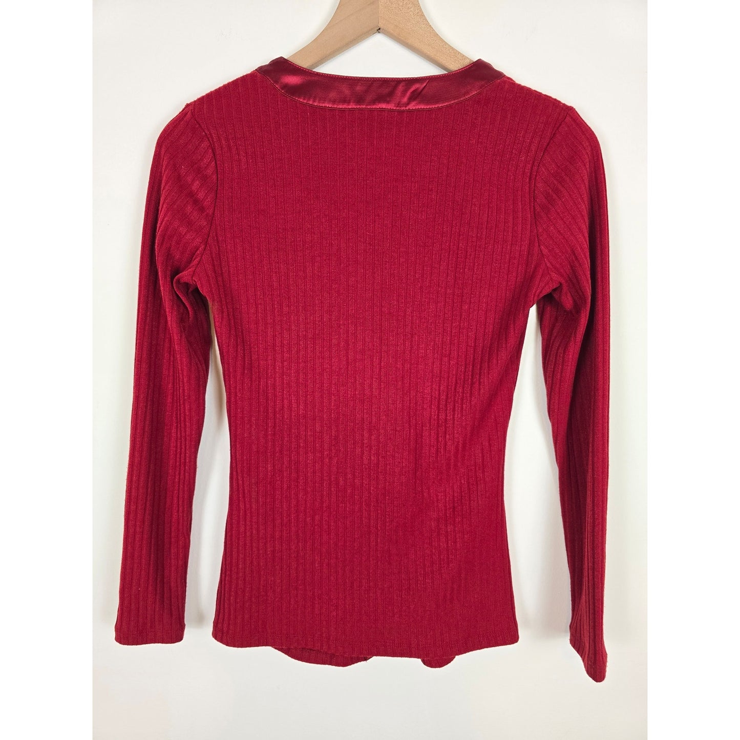 Red Satin Trim Ribbed Cardigan Size XS NWT