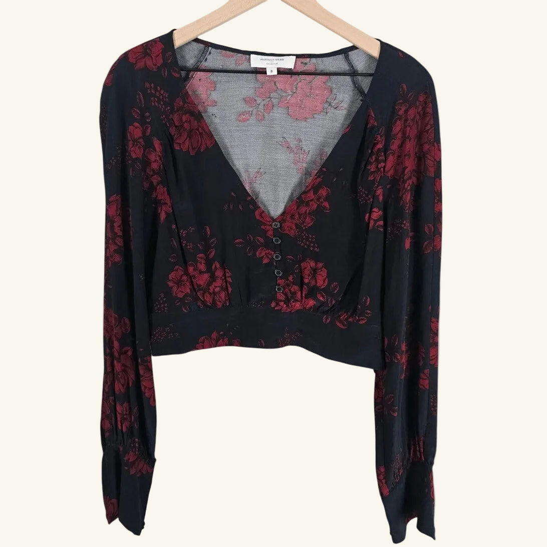 Navy Red Floral V-Neck Cropped Blouse Size 8