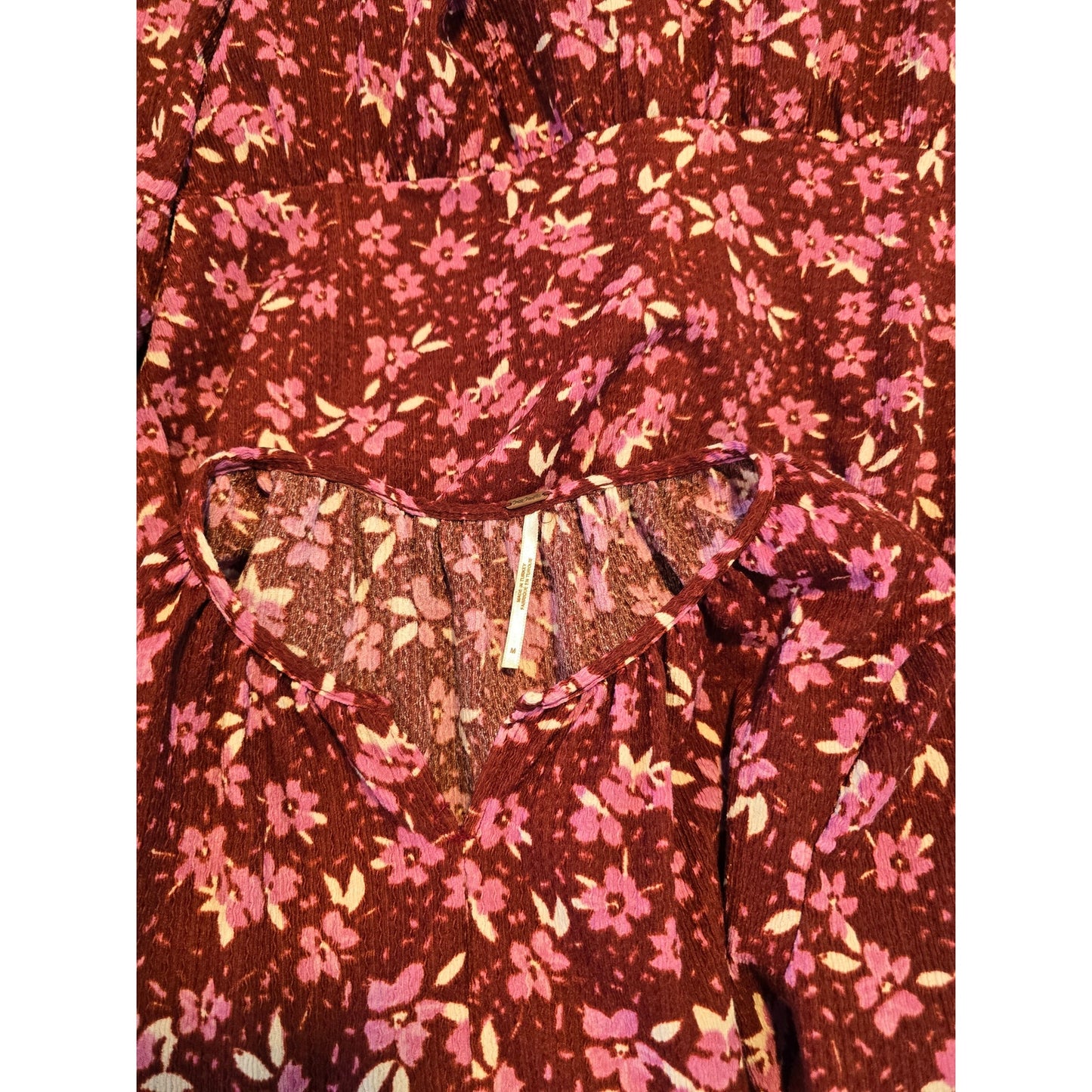 Red Pink Floral Tiered Midi Long Sleeve Dress Size M