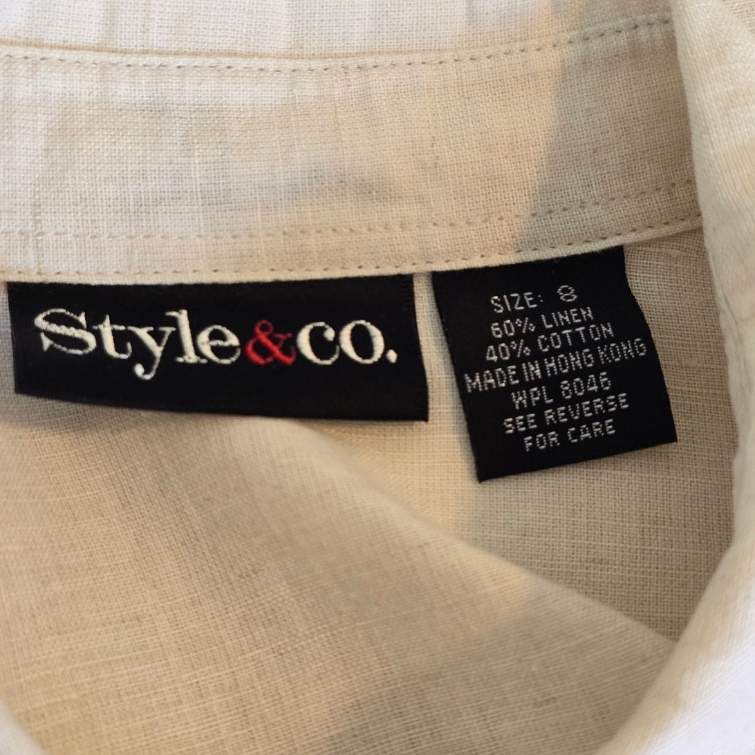 Ivory Linen Blend Embroidered Button Down Top Size 8