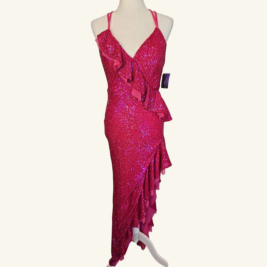 Pink Sequin Hi Low Ruffle Dress Formal Party Gown Size 7 NWT