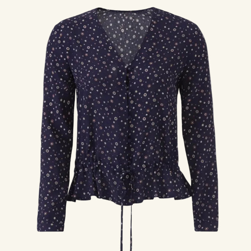 Navy Blue Floral Button Down Blouse Drawstring Waist Size S