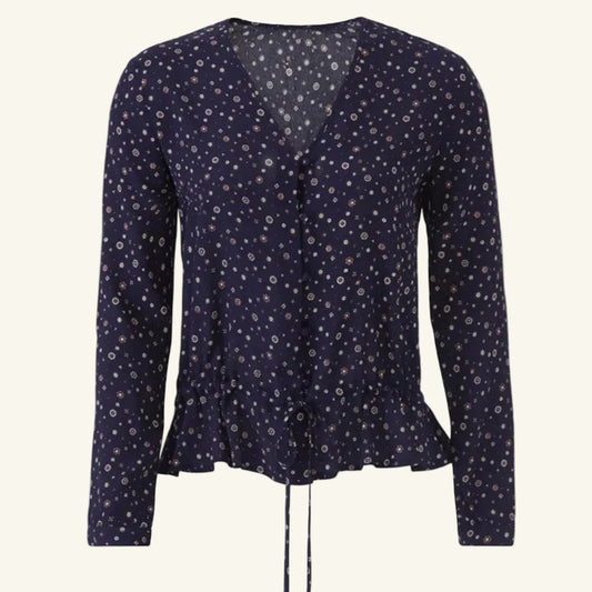 Navy Blue Floral Button Down Blouse Drawstring Waist Size S