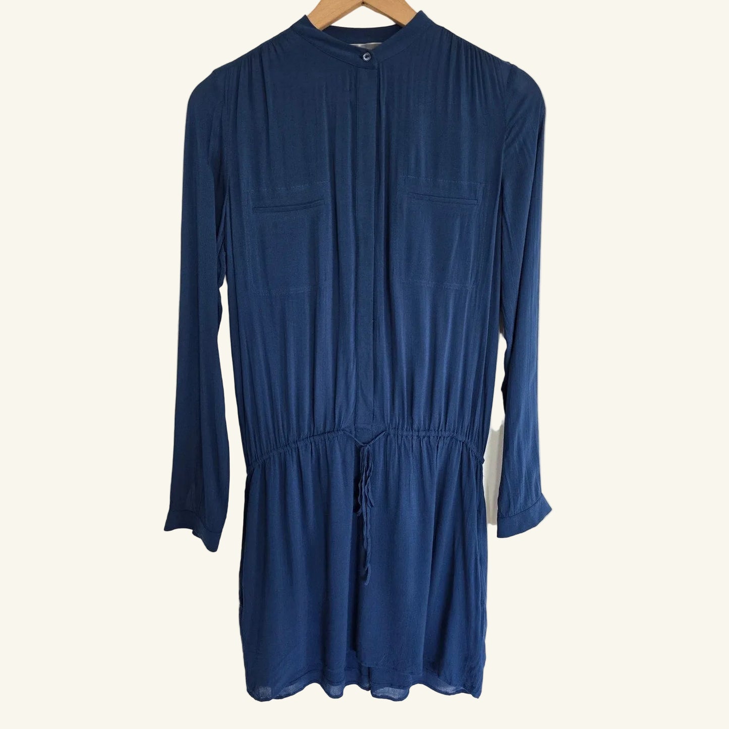 Navy Blue Henley Dress Long Sleeve Drawstring Waist Mini Size XS