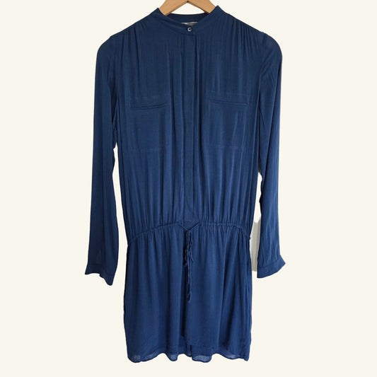 Navy Blue Henley Dress Long Sleeve Drawstring Waist Mini Size XS