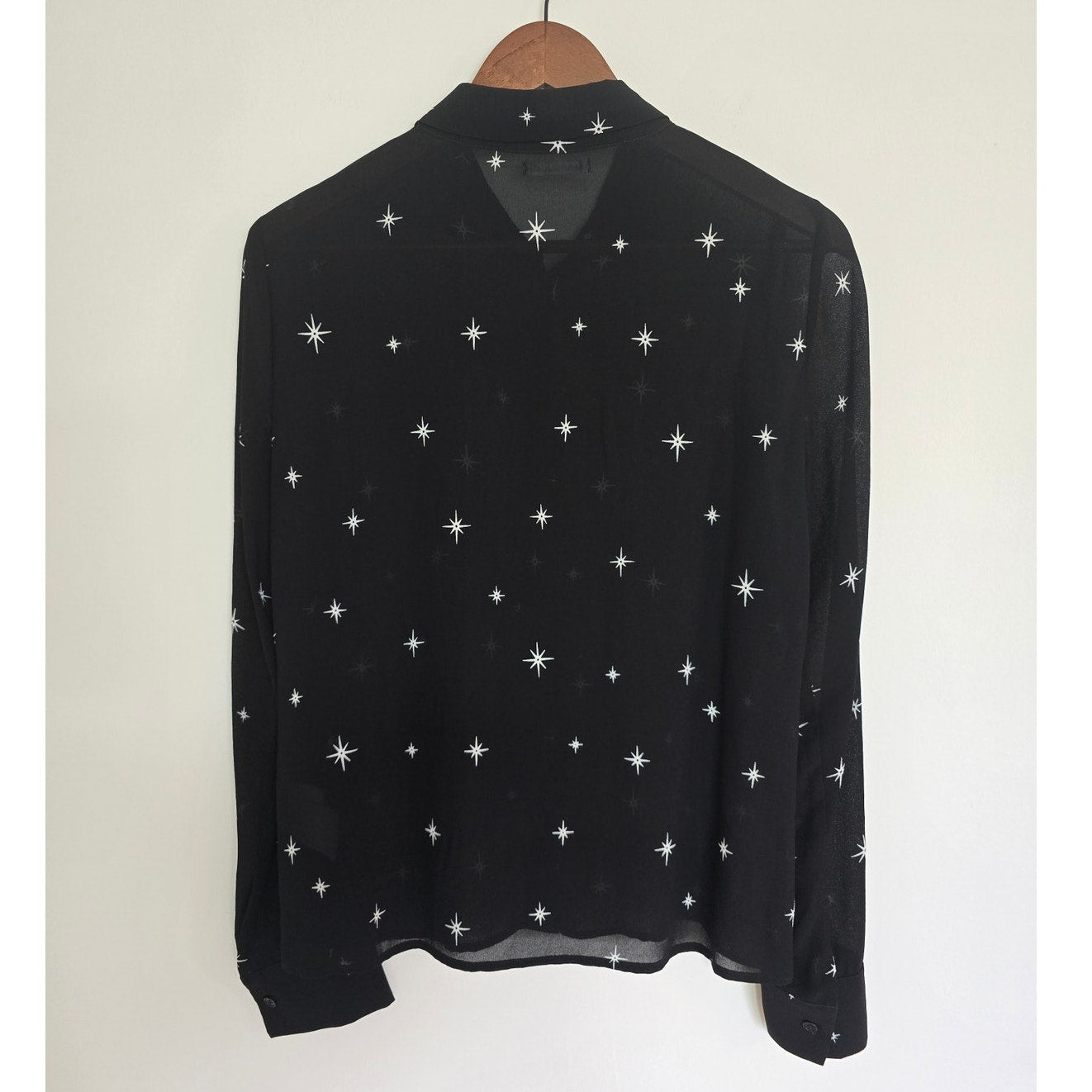 Black Star Print Sheer Blouse Button Down Top Size S