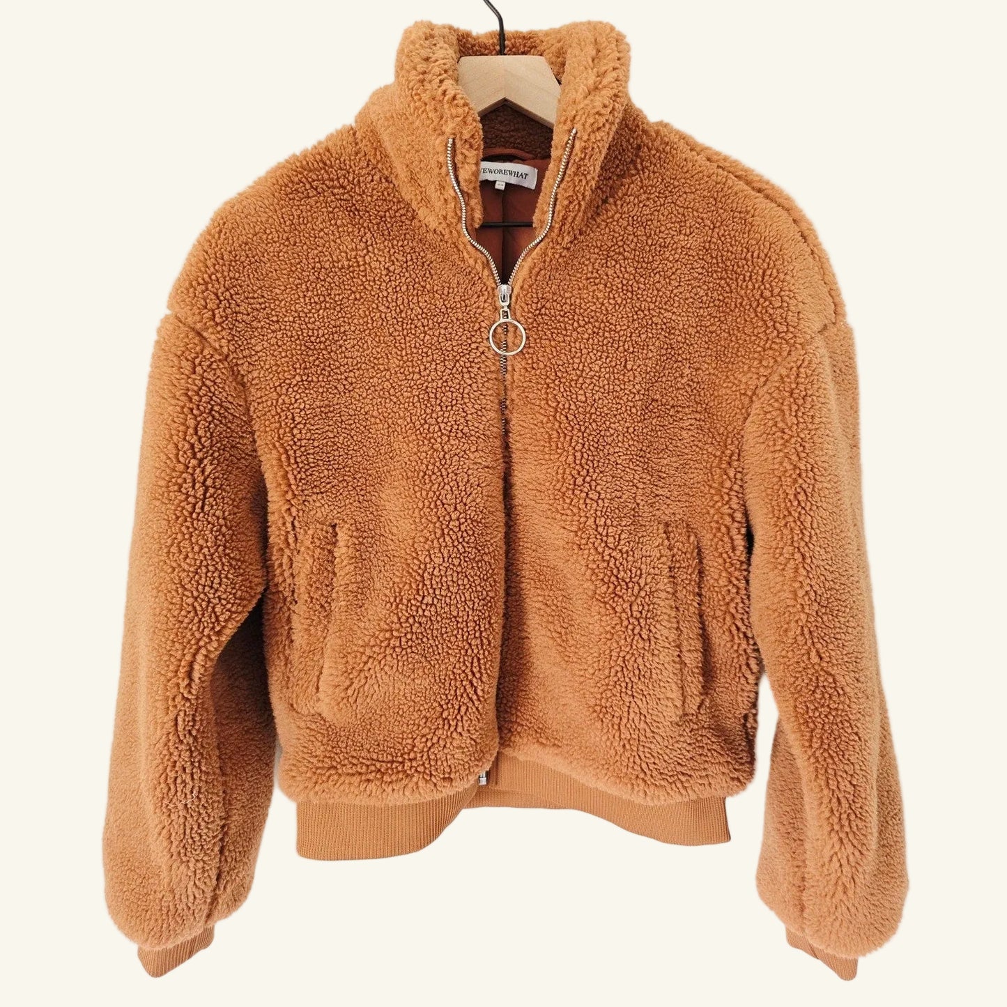 Tan Teddy Fleece Zip Bomber Jacket Size Large