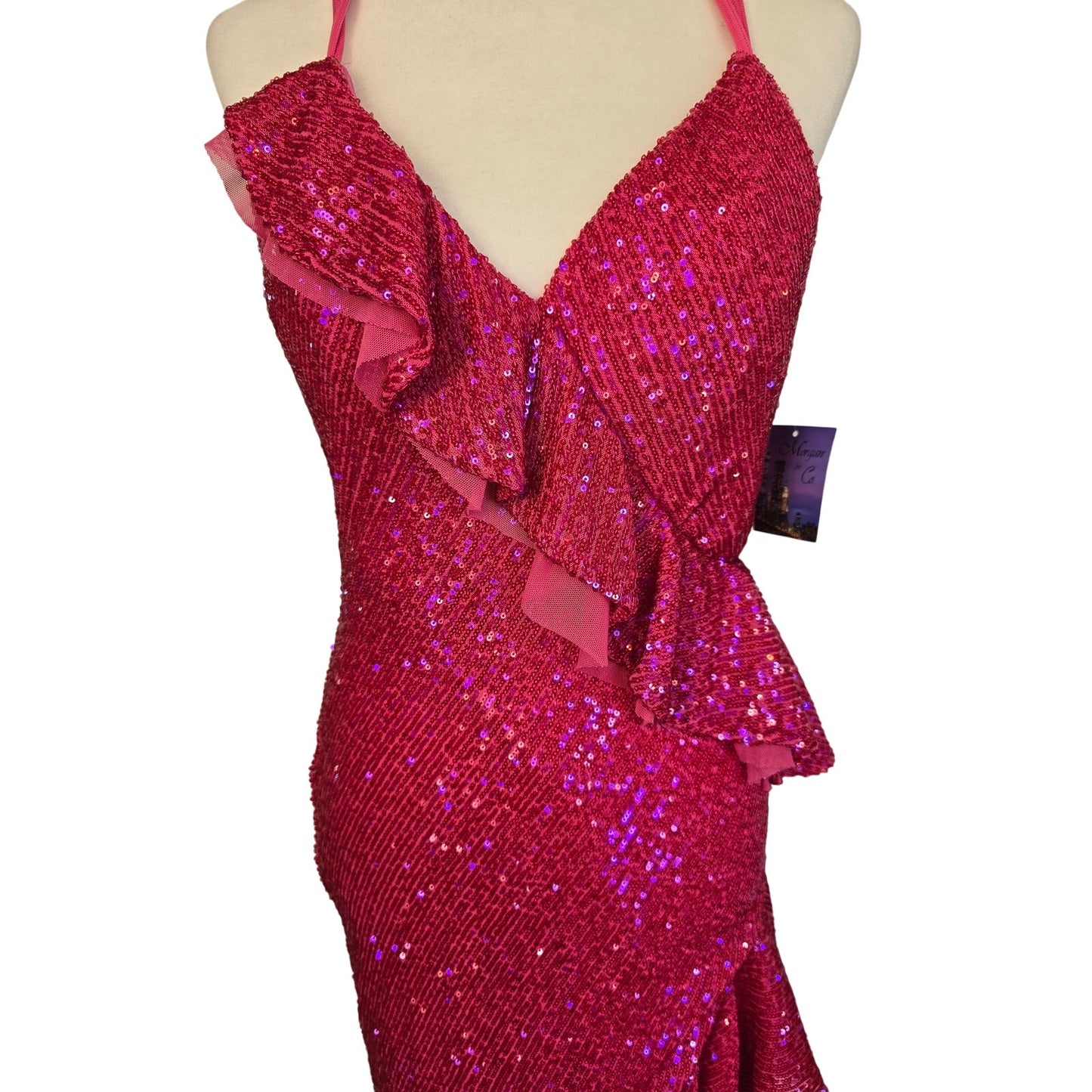 Pink Sequin Hi Low Ruffle Dress Formal Party Gown Size 7 NWT