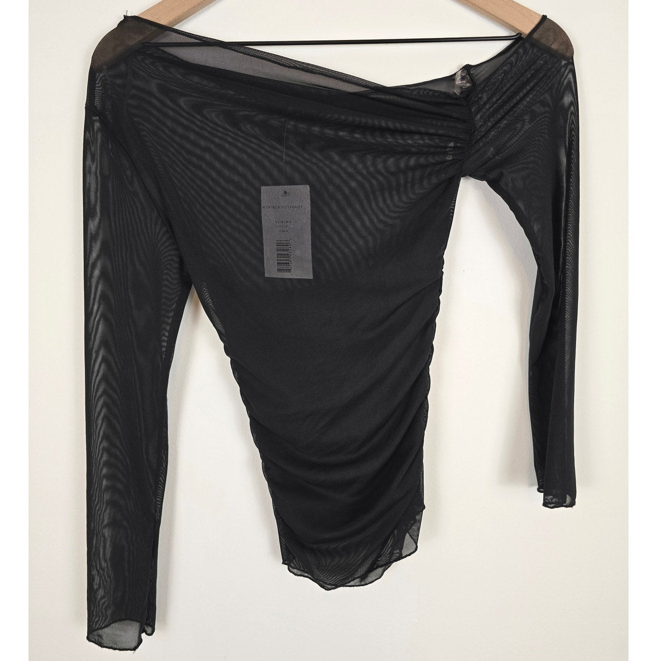 Black Sheer Mesh Asymmetrical One Shoulder Ruched Top Size XS