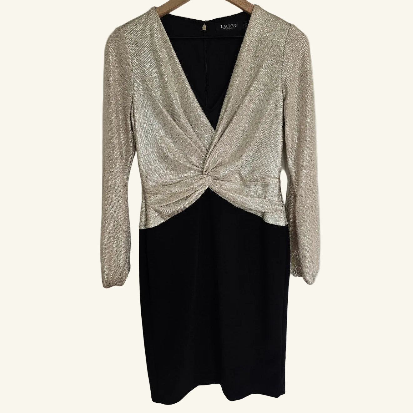 Metallic Gold Black Jersey Dress Twist Front Size 2