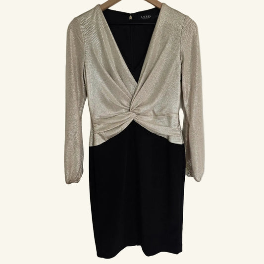 Metallic Gold Black Jersey Dress Twist Front Size 2
