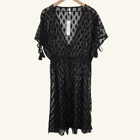 Black Mesh Tassel Swim Cover Up Duster One Size Beach Resort