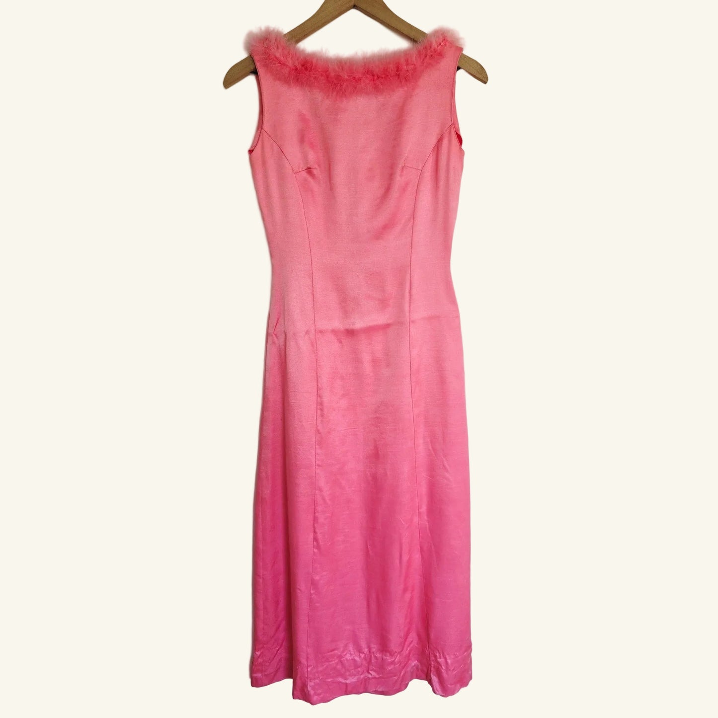 Vintage Pink Feather Trim Midi Dress Sleeveless Slip Dress Size XS/S