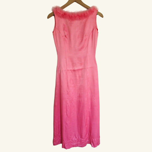 Vintage Pink Feather Trim Midi Dress Sleeveless Slip Dress Size XS/S