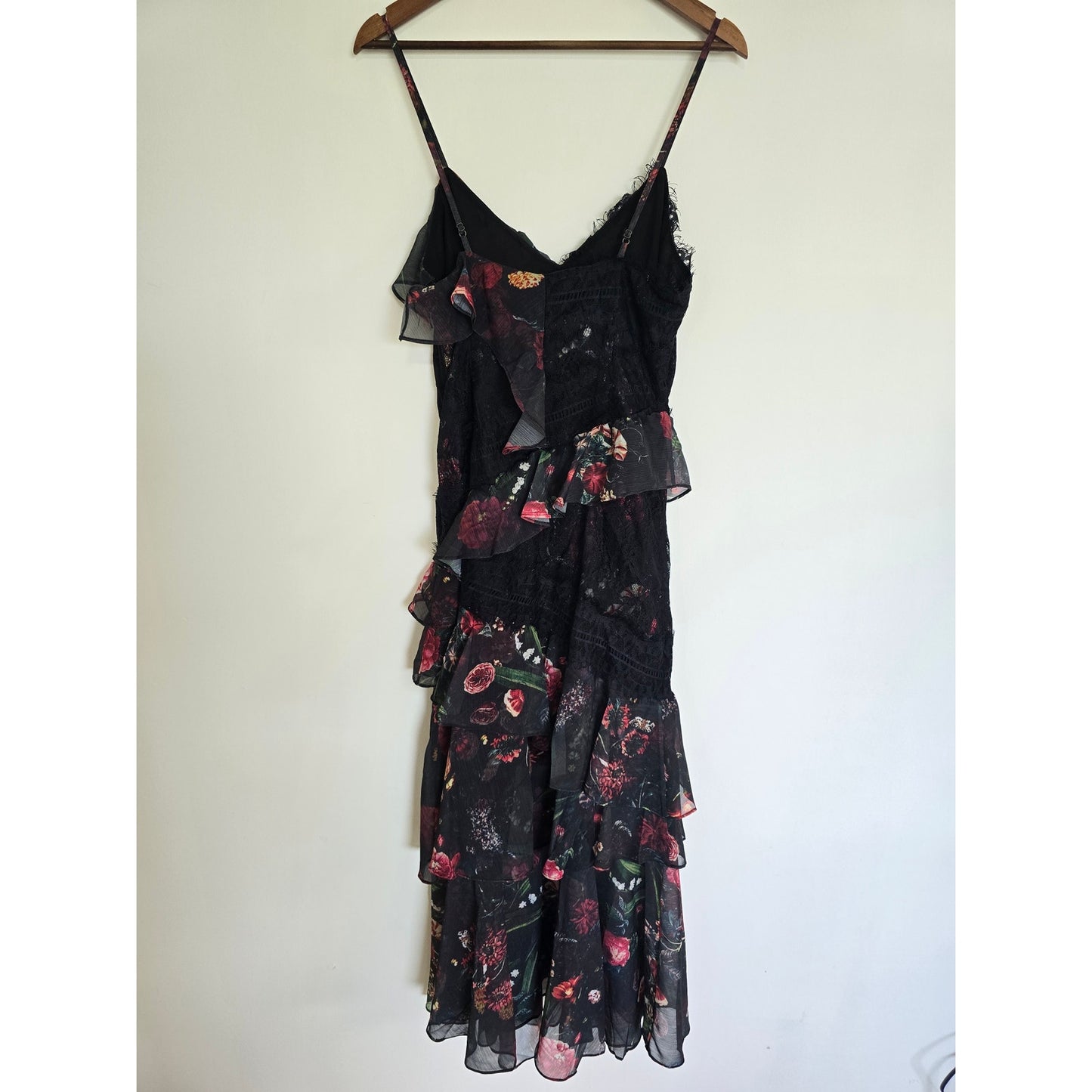 Black Floral Lace Tiered Ruffle Midi Dress Size L NWT Size L