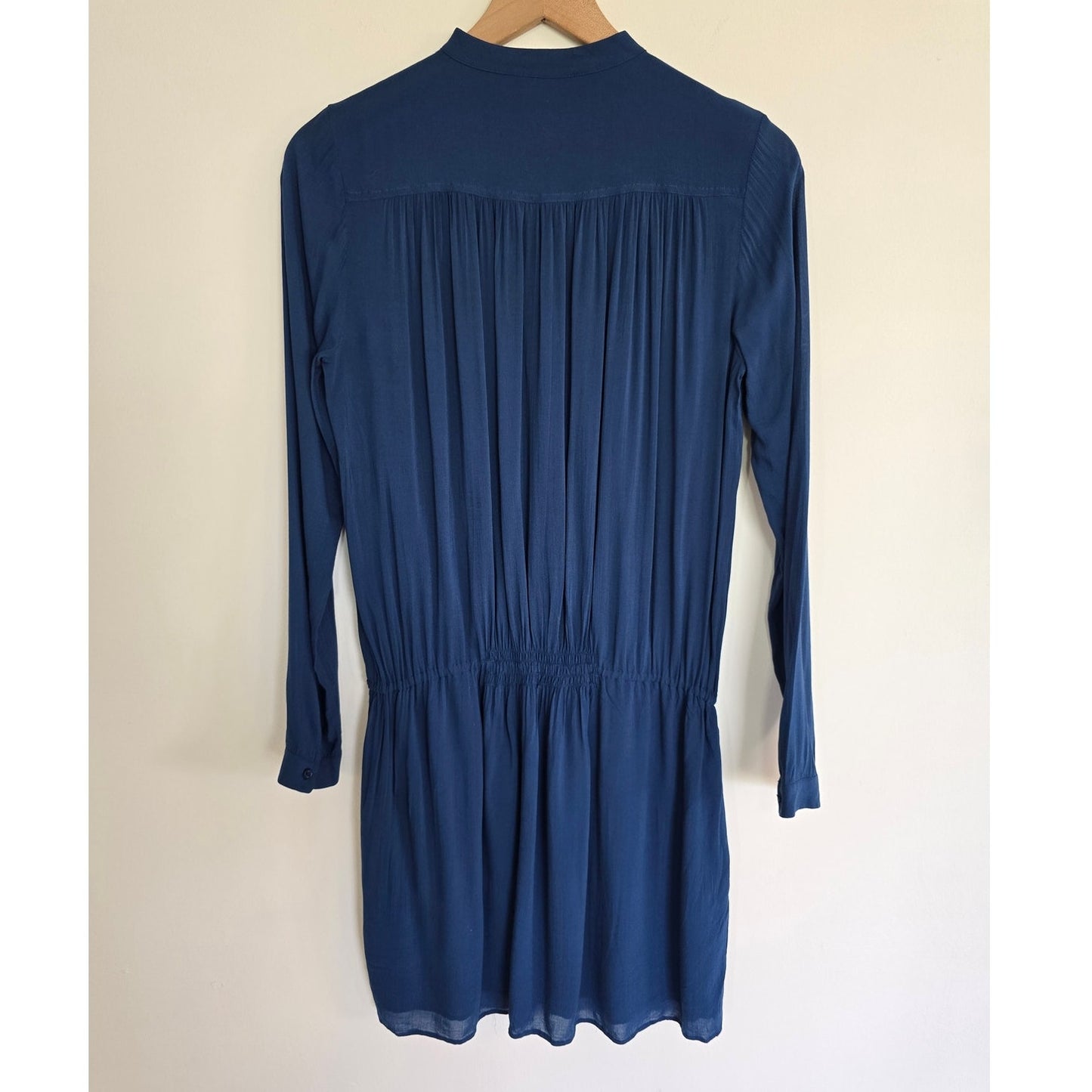 Navy Blue Henley Dress Long Sleeve Drawstring Waist Mini Size XS