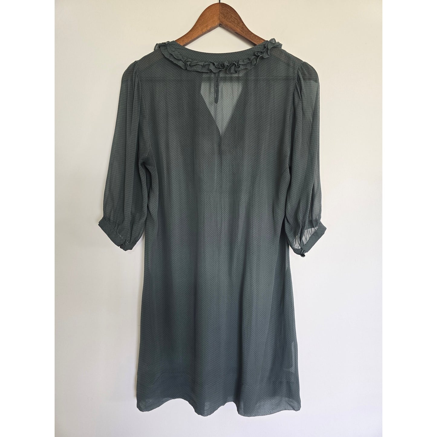 Gray Silk Polka Dot Ruffle Mini Dress Size L