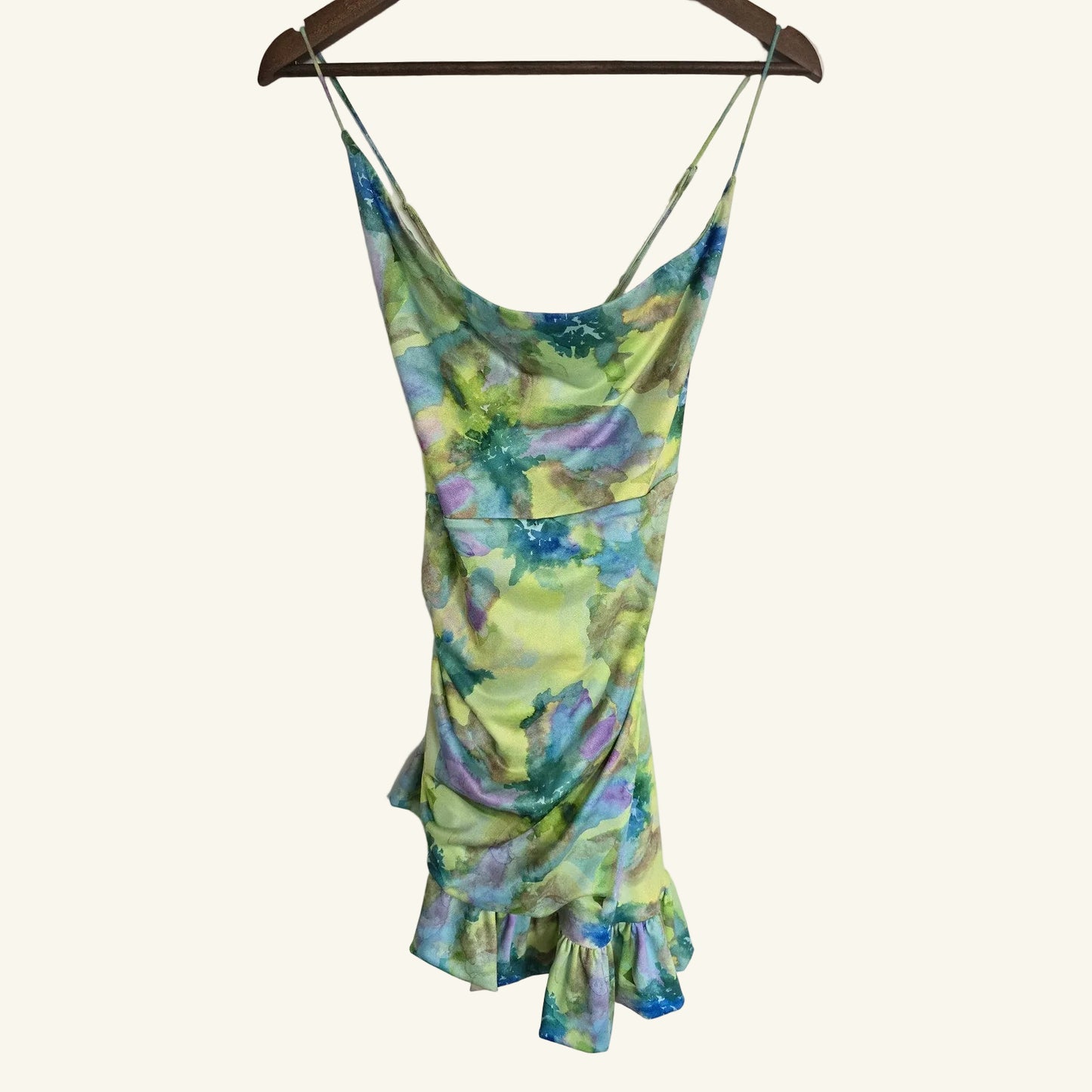 Green Watercolor Ruffle Mini Dress Size S NWT