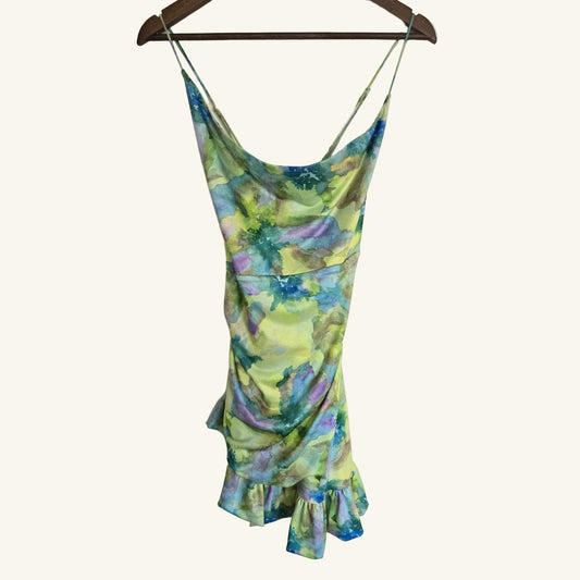 Green Watercolor Ruffle Mini Dress Size S NWT