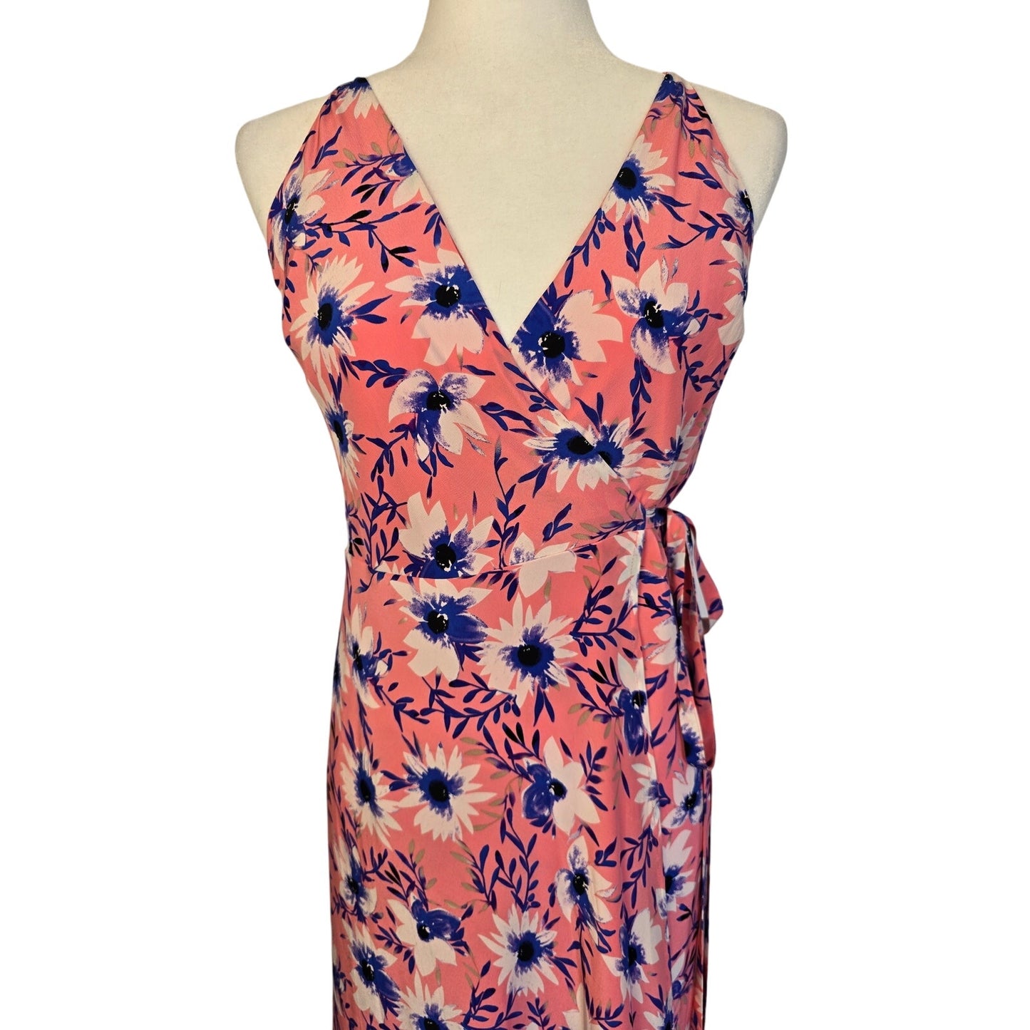 Pink Blue Silk Floral Wrap Maxi Dress V Neck Size L