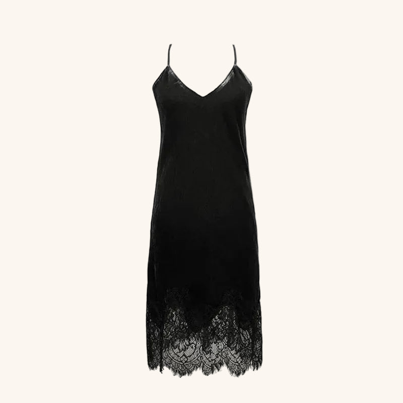 Black Velvet Lace Trim Slip Dress Silk Blend Size M