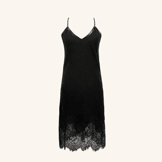 Black Velvet Lace Trim Slip Dress Silk Blend Size M