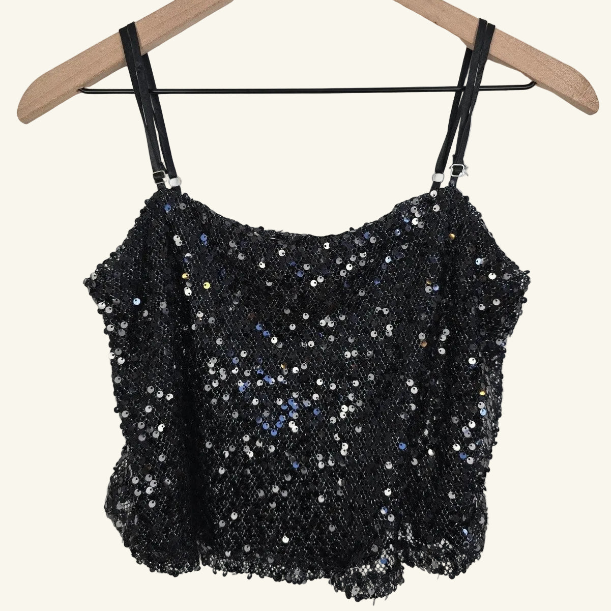 Black Sequin Spaghetti Strap Crop Top Size L