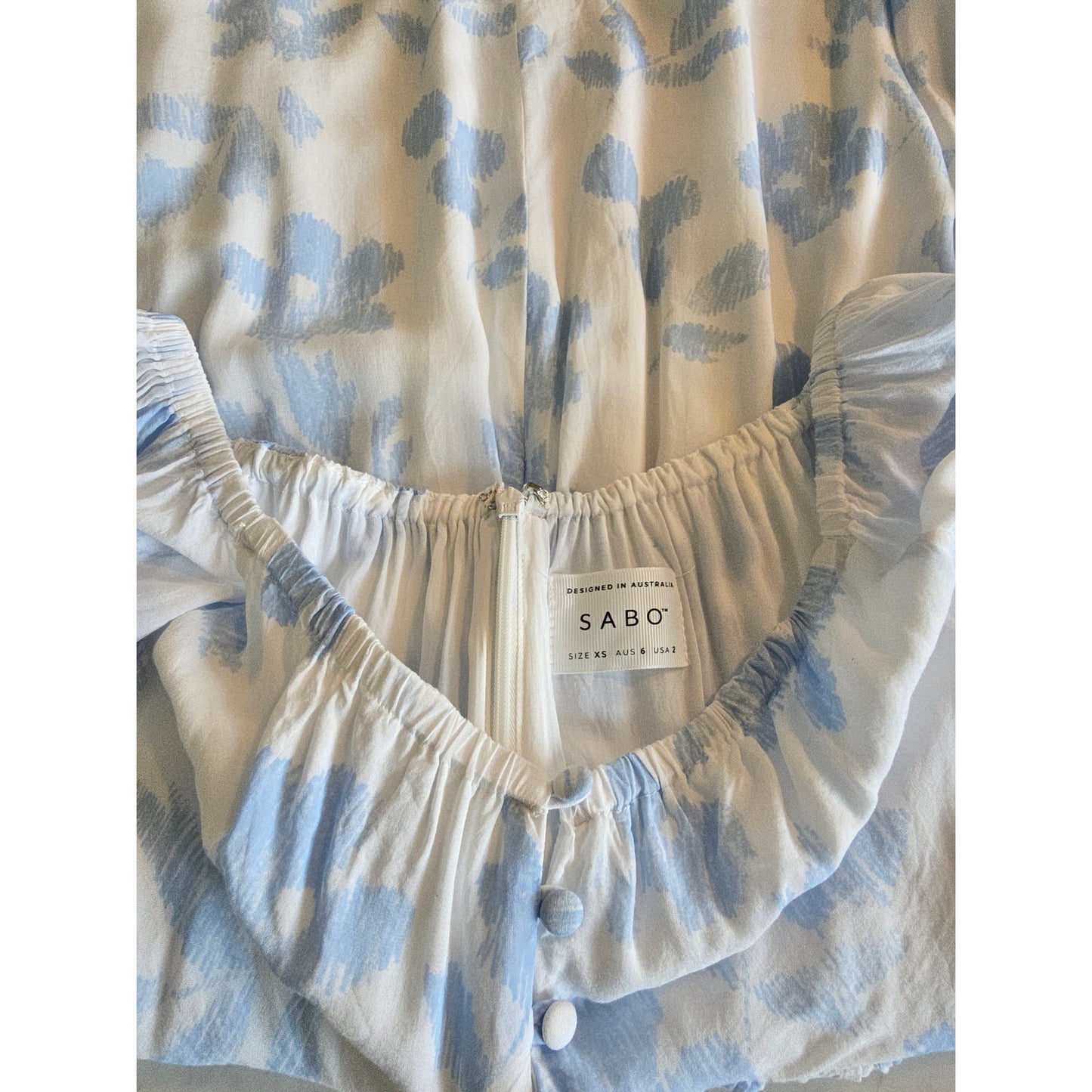 Blue Floral Mini Dress Puff Sleeve Babydoll Size XS