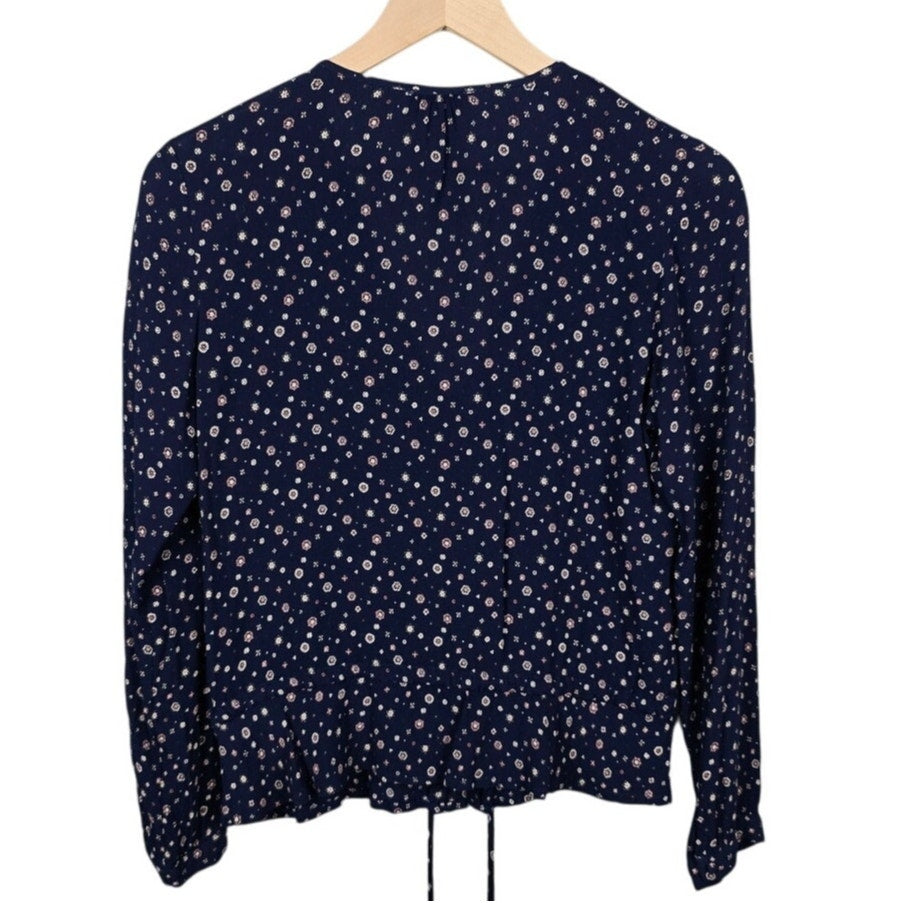 Navy Blue Floral Button Down Blouse Drawstring Waist Size S