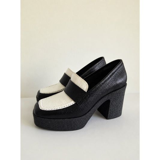 Black & White Leather Platform Loafers Heels Size 37 | 6.5