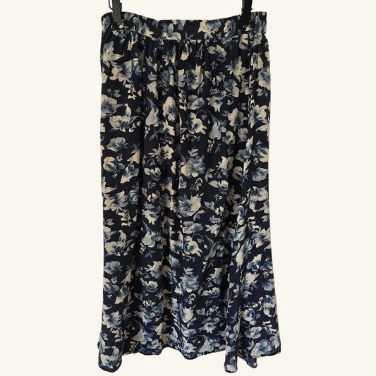 Vintage 90's Blue & Beige Silk Floral Midi Skirt Size L