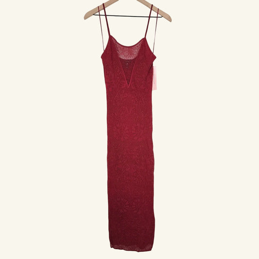 Red Lace Bodycon Midi Dress Sheer Floral Spaghetti Strap M