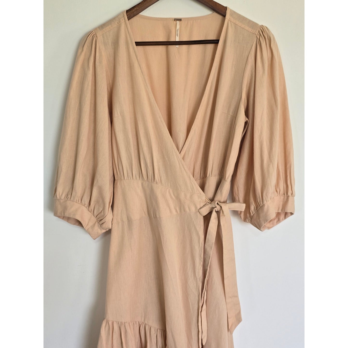 Peach Cotton Linen Blend Wrap Midi Dress Size S