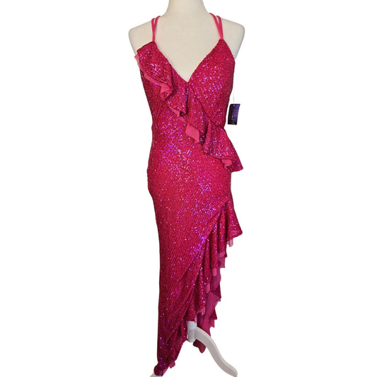 Pink Sequin Hi Low Ruffle Formal Gown Prom Dress 5 NWT
