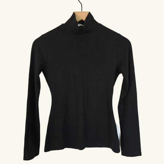 Black Ribbed Turtleneck Top Fitted Long Sleeve S