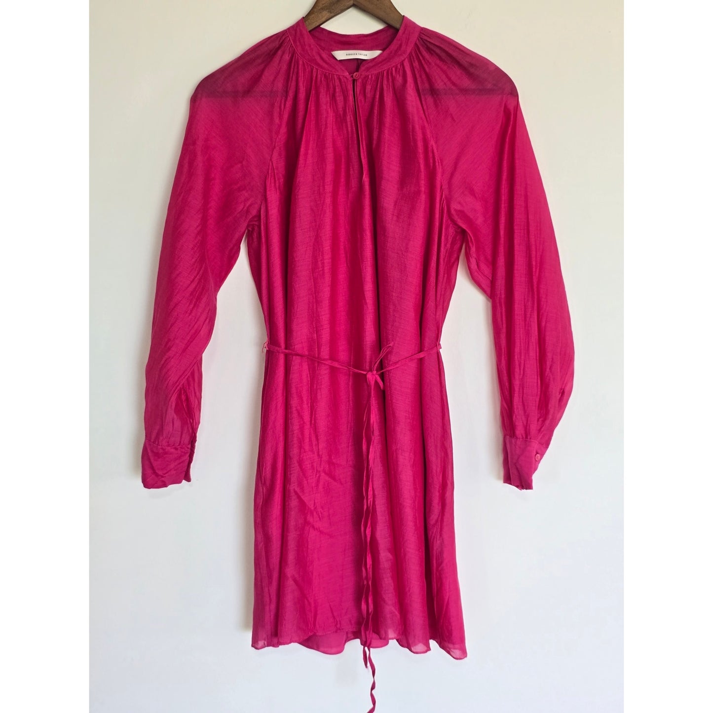 Pink Silk Blend Shirt Dress Tie Waist Pockets Size S