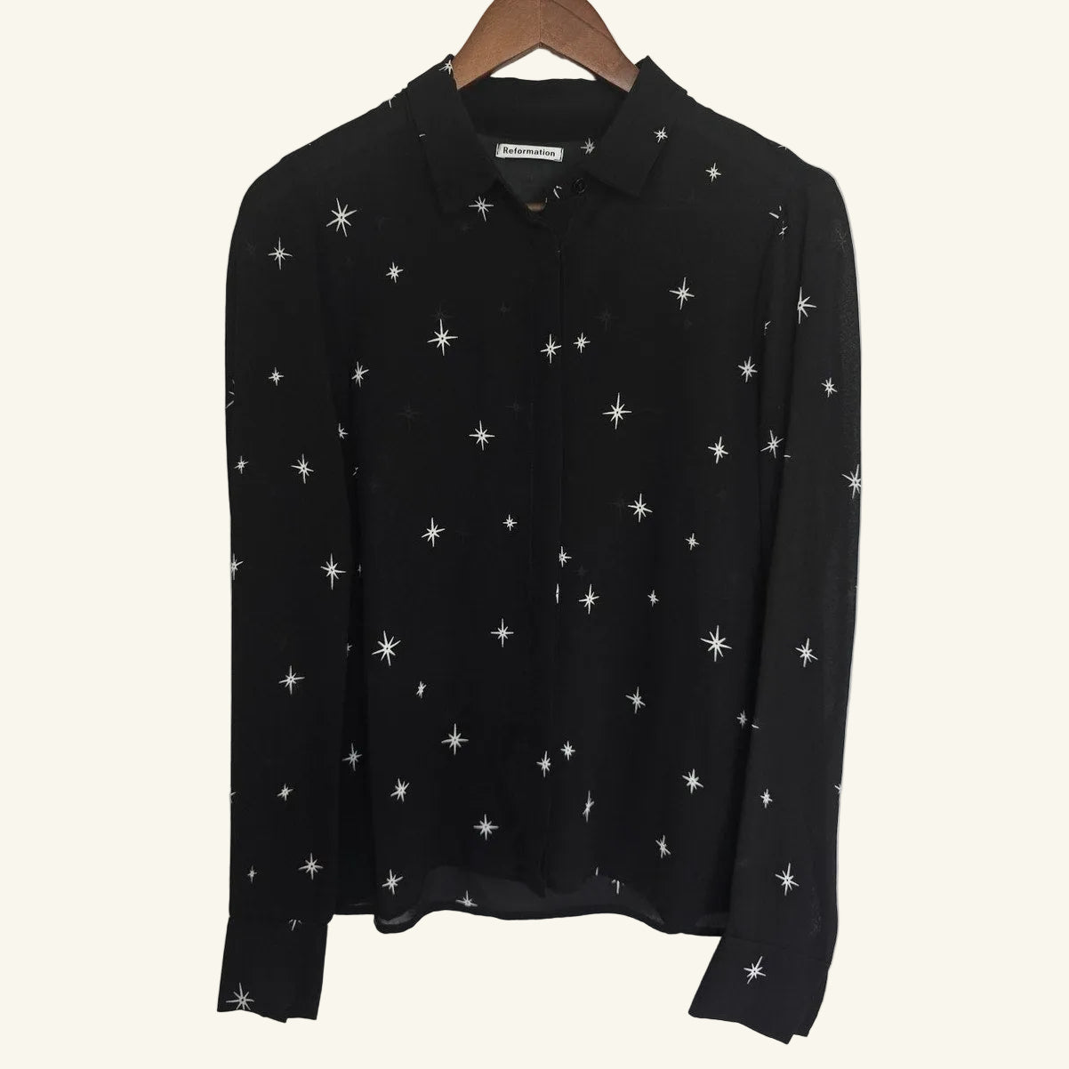 Black Star Print Sheer Blouse Button Down Top Size S