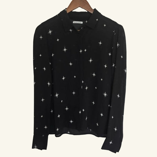 Black Star Print Sheer Blouse Button Down Top Size S