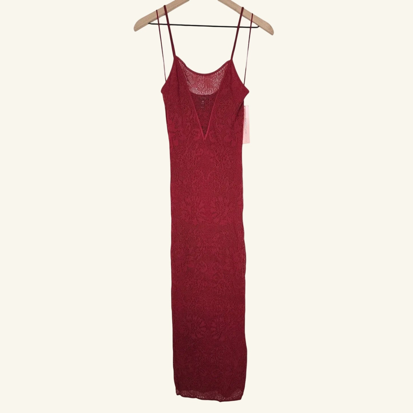 Red Lace Bodycon Midi Dress Sheer Floral Spaghetti Strap XS