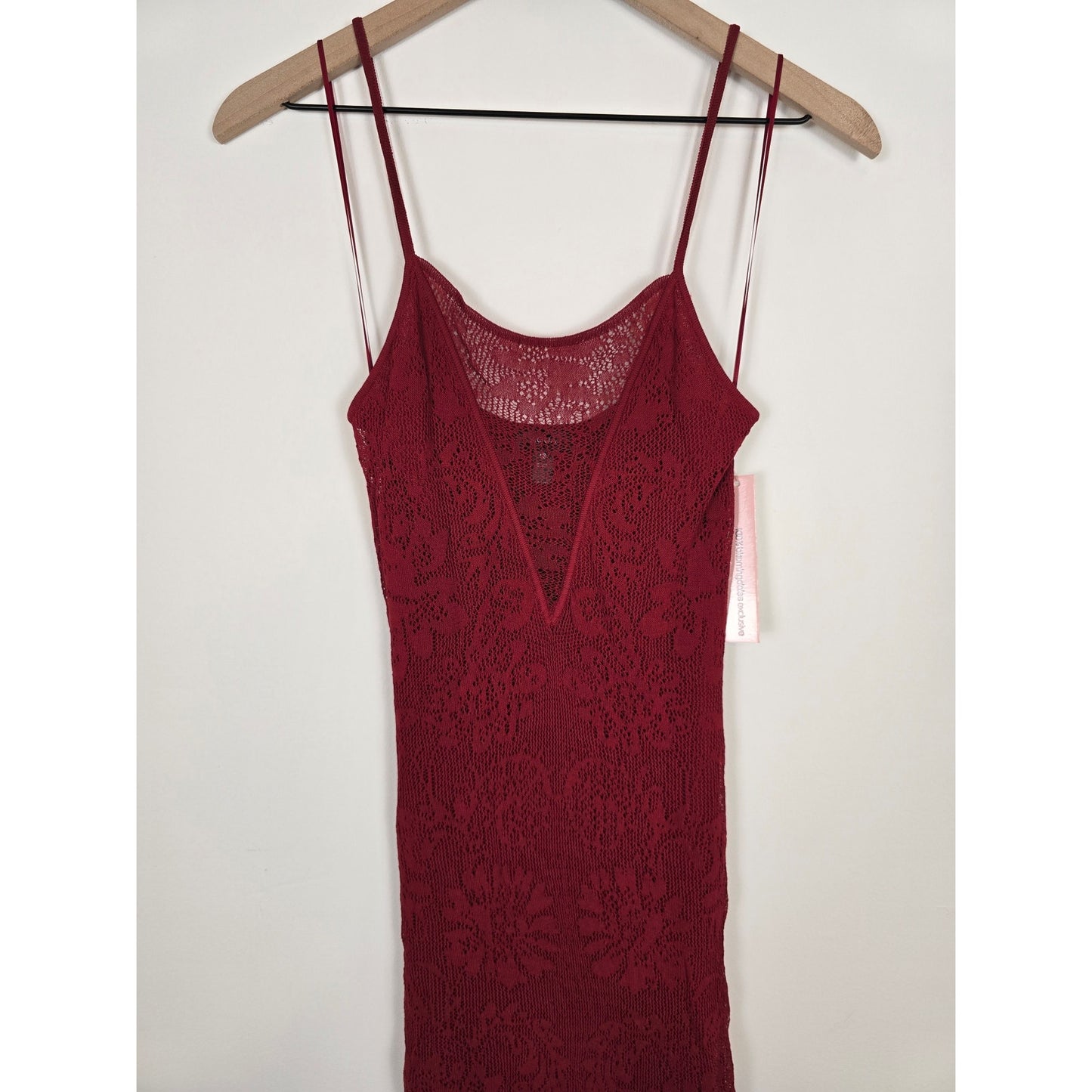 Red Lace Bodycon Midi Dress Sheer Floral Spaghetti Strap M