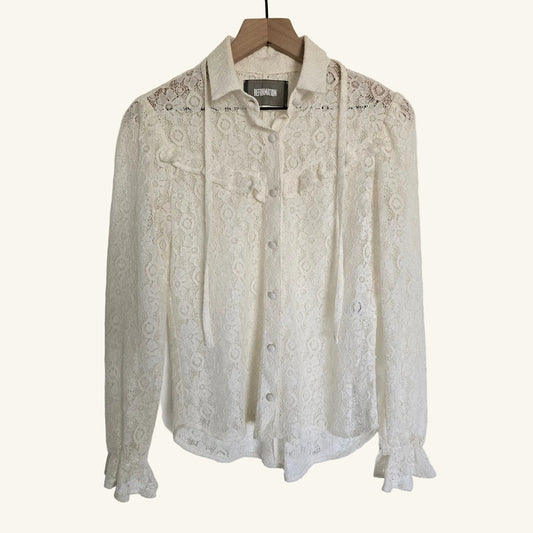 White Sheer Lace Button Down Blouse Size S